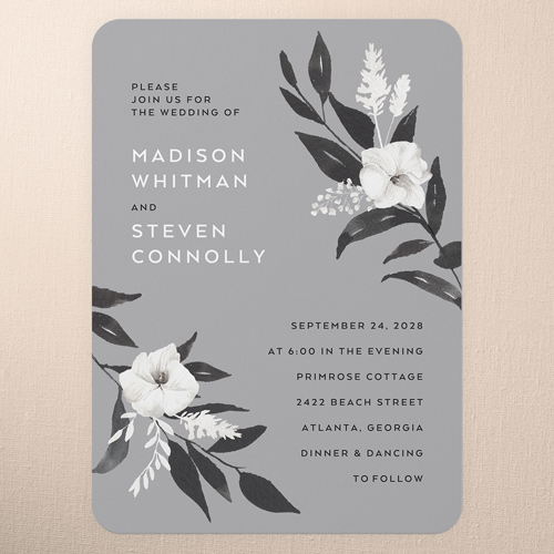 Evening Flower Wedding Invitation, Grey, 5x7 Flat, 100% Recycled Cardstock , Rounded, Iron