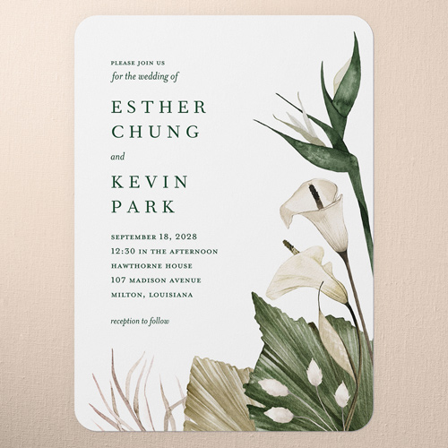 Tropical Flora Wedding Invitation, White, 5x7 Flat, Matte, Signature Smooth Cardstock, Rounded, White