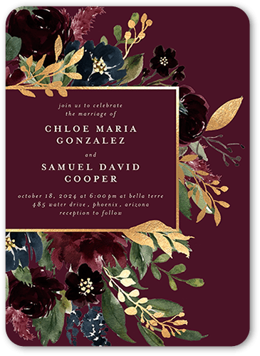 Bouquet Garland Wedding Invitation, Purple, 5x7 Flat, Pearl Shimmer Cardstock, Rounded, Spiced Wine