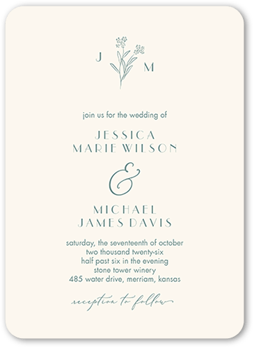 Simple Sprig Wedding Invitation, Blue, 5x7 Flat, Matte, Signature Smooth Cardstock, Rounded