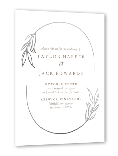 Ornate Oval Wedding Invitation, White, Silver Foil, 5x7 Flat, Pearl Shimmer Cardstock, Square