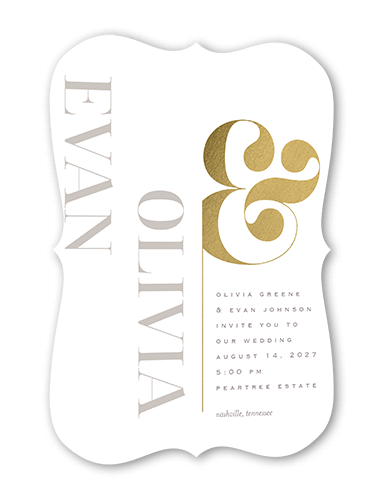 Alluring Ampersand Wedding Invitation, White, Gold Foil, 5x7 Flat, Pearl Shimmer Cardstock, Bracket
