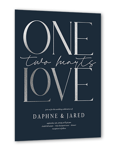 One Love Wedding Invitation, Blue, Silver Foil, 5x7, Pearl Shimmer Cardstock, Square