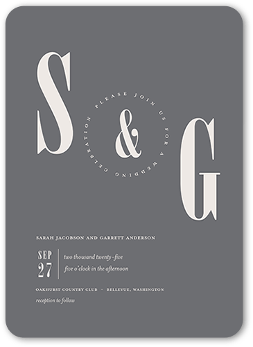 Pleasant Pair Wedding Invitation, Gray, 5x7 Flat, Pearl Shimmer Cardstock, Rounded