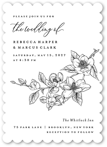 Marvelous Magnolia Wedding Invitation, White, none, 5x7 Flat, Matte, Signature Smooth Cardstock, Scallop