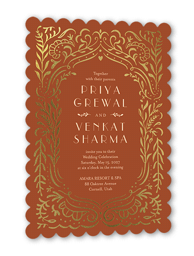 Wonderful Weave Wedding Invitation, Gold Foil, Orange, 5x7, Pearl Shimmer Cardstock, Scallop