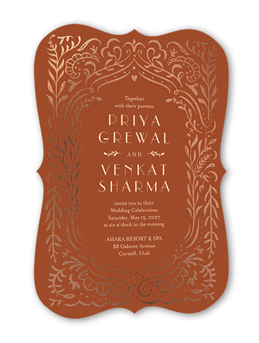 Wonderful Weave Wedding Invitation, Orange, Rose Gold Foil, 5x7 Flat, Pearl Shimmer Cardstock, Bracket