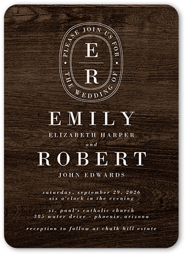 Majestic Monogram Wedding Invitation, Brown, 5x7 Flat, Pearl Shimmer Cardstock, Rounded, Wood