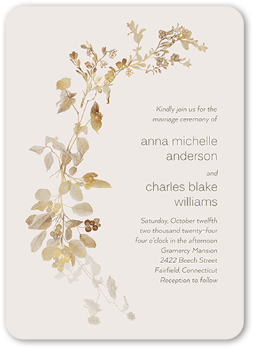 Golden Grace Wedding Invitation, Gray, 5x7 Flat, Standard Smooth Cardstock, Rounded