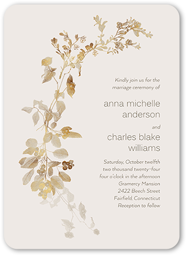 Golden Grace Wedding Invitation, Gray, 5x7 Flat, Pearl Shimmer Cardstock, Rounded, Gray