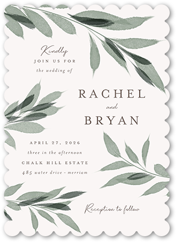 Pressed Leaves Wedding Invitation, Beige, 5x7 Flat, Pearl Shimmer Cardstock, Scallop