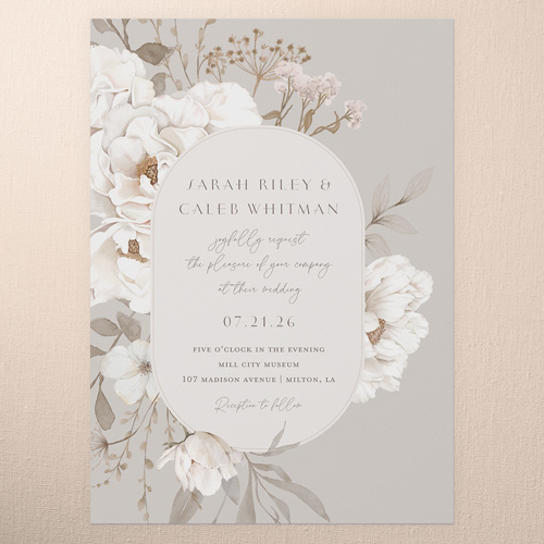 Full Bloom Wedding Invitation, Gray, 5x7 Flat, Pearl Shimmer Cardstock, Square