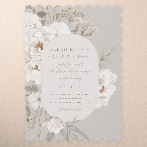 Full Bloom Wedding Invitation, Gray, 5x7 Flat, Pearl Shimmer Cardstock, Scallop