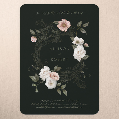 Peaceful Flowers Wedding Invitation, Black, 5x7 Flat, Pearl Shimmer Cardstock, Rounded