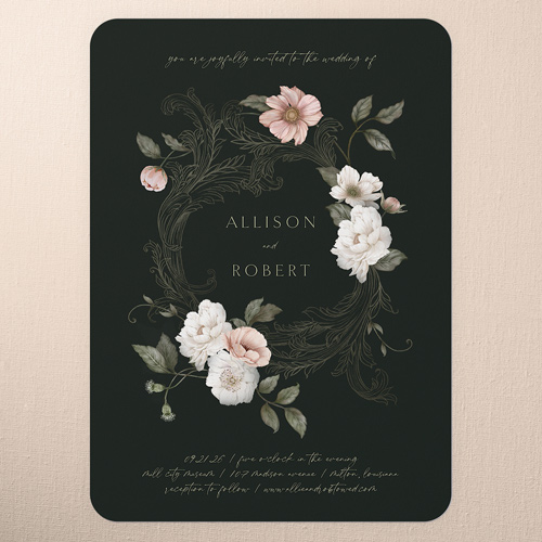 Peaceful Flowers Wedding Invitation, Black, 5x7 Flat, Pearl Shimmer Cardstock, Rounded, Black