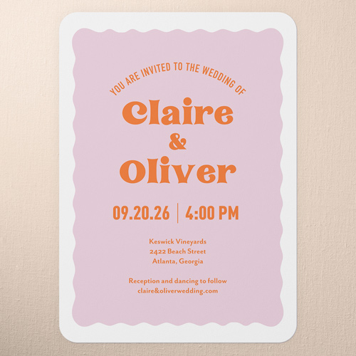 Vintage Vibes Wedding Invitation, Pink, 5x7 Flat, Pearl Shimmer Cardstock, Rounded