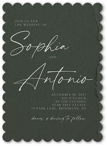 Torn Textures Wedding Invitation, Green, 5x7 Flat, Pearl Shimmer Cardstock, Scallop, White