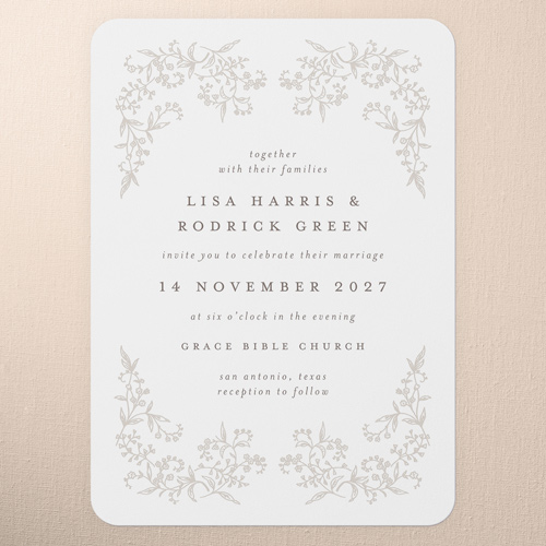 Delicate Florals Wedding Invitation, White, 5x7 Flat, Matte, Signature Smooth Cardstock, Rounded