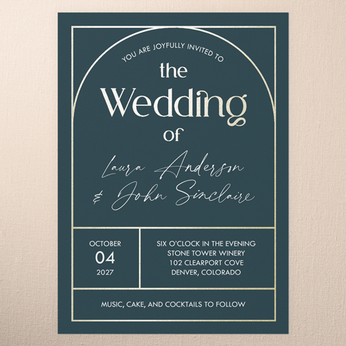 Geometric Impression Wedding Invitation, Blue, Gold Foil, 5x7 Flat, Pearl Shimmer Cardstock, Square