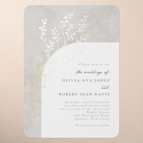 Beaming Branch Wedding Invitation, Gold Foil, Gray, 5x7 Flat, Pearl Shimmer Cardstock, Rounded, Gray