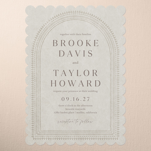 Baroque Border Wedding Invitation, Brown, 5x7 Flat, Pearl Shimmer Cardstock, Scallop
