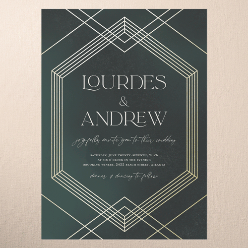 Diamond Deco Wedding Invitation, Green, Gold Foil, 5x7 Flat, Pearl Shimmer Cardstock, Square