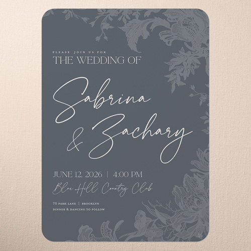 Lace Shadow Wedding Invitation, Gray, 5x7 Flat, Pearl Shimmer Cardstock, Rounded