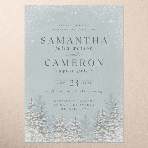 Snowy Wonderland Wedding Invitation, Green, 5x7 Flat, Matte, Signature Smooth Cardstock, Square, White