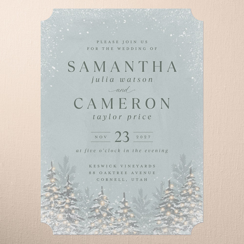 Snowy Wonderland Wedding Invitation, Green, 5x7 Flat, Pearl Shimmer Cardstock, Ticket