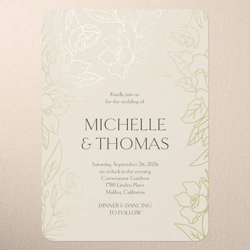 Floral Fantasy Wedding Invitation, Beige, Gold Foil, 5x7 Flat, Matte, Signature Smooth Cardstock, Rounded