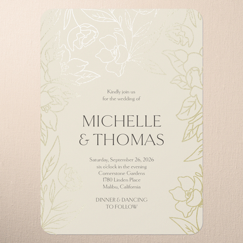 Floral Fantasy Wedding Invitation, Beige, Gold Foil, 5x7 Flat, Matte, Signature Smooth Cardstock, Rounded, Cream