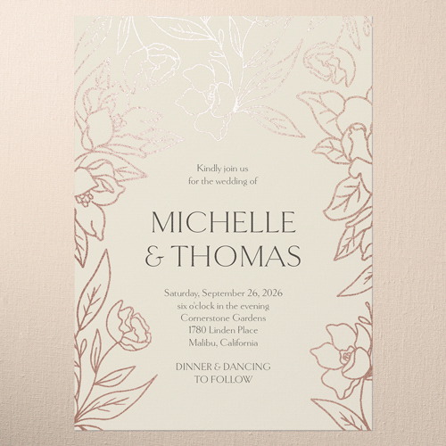 Floral Fantasy Wedding Invitation, Rose Gold Foil, Beige, 5x7 Flat, Matte, Signature Smooth Cardstock, Square