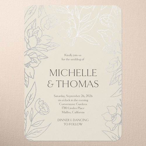 Floral Fantasy Wedding Invitation, Silver Foil, Beige, 5x7 Flat, Pearl Shimmer Cardstock, Rounded