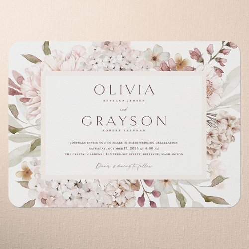 Hydrangea Highlight Wedding Invitation, Pink, 5x7 Flat, Pearl Shimmer Cardstock, Rounded, Blush