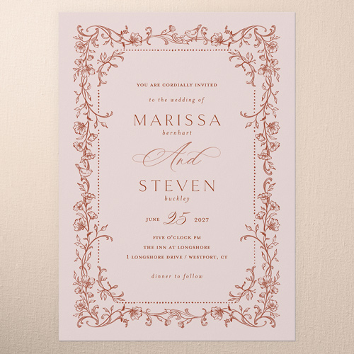 Gentle Ornamented Framework Wedding Invitation, Pink, 5x7 Flat, Matte, Signature Smooth Cardstock, Square, Chenille