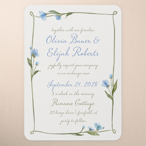 Watercolor Wildflowers Wedding Invitation, Blue, 5x7 Flat, Standard Smooth Cardstock, Rounded, Blue