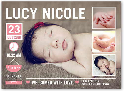 Baby Info Girl Birth Announcement, Pink, 6x8 Flat, Signature Smooth Cardstock, Square