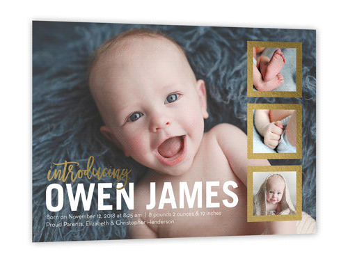 Shimmering Introduction Birth Announcement, Gold Foil, Luxe Double-Thick Cardstock, Square