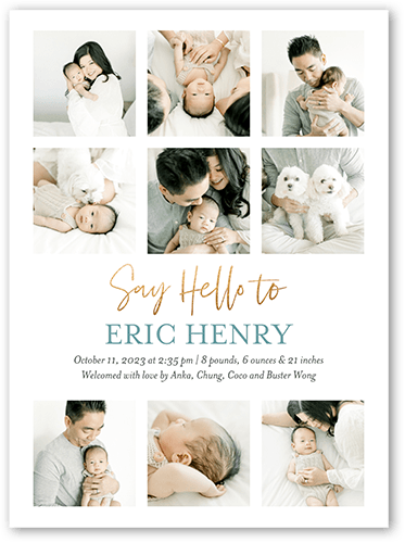 Hello Gallery Birth Announcement, White, 6x8 Flat, Pearl Shimmer Cardstock, Square