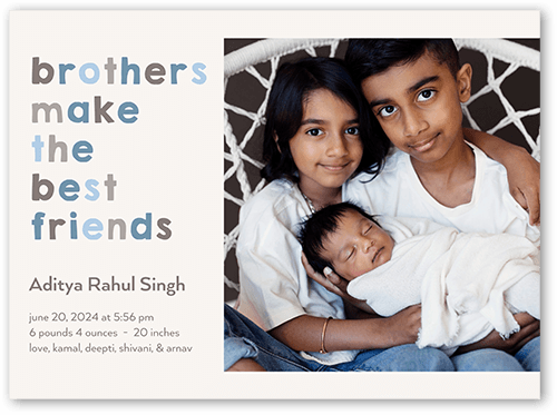 Best Friends Brothers Birth Announcement, Grey, 6x8 Flat, Matte, Signature Smooth Cardstock, Square