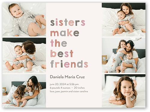 Best Friends Sisters Birth Announcement, Grey, 6x8 Flat, Pearl Shimmer Cardstock, Square