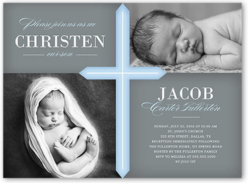 Glorious Cross Boy Baptism Invitation, Blue, Pearl Shimmer Cardstock, Square