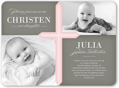 Glorious Cross Girl Baptism Invitation, Pink, Pearl Shimmer Cardstock, Rounded
