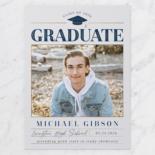 Headline Cap Graduation Announcement, Blue, 6x8 Flat, Signature Smooth Cardstock, Square, Navy