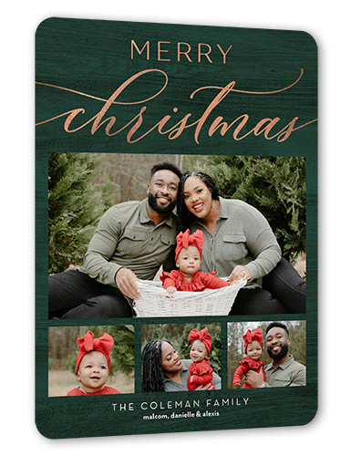 Rustic Festive Moments Holiday Card, Green, Rose Gold Foil, 6x8 Flat, Christmas, Signature Smooth Cardstock, Rounded, Green