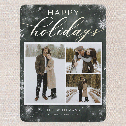 Stunning Snowfall Holiday Card, Green, Gold Foil, 6x8 Flat, Holiday, Signature Smooth Cardstock, Rounded, Green
