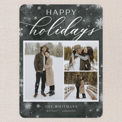 Stunning Snowfall Holiday Card, Silver Foil, Green, 6x8 Flat, Holiday, Signature Smooth Cardstock, Rounded, Green