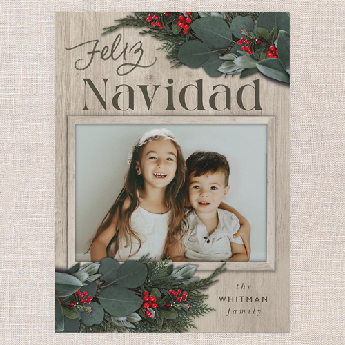 Framed Evergreen Holiday Card, Beige, 6x8 Flat, Feliz Navidad, Pearl Shimmer Cardstock, Square, Beige