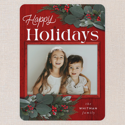 Framed Evergreen Holiday Card, Red, 6x8 Flat, Holiday, Pearl Shimmer Cardstock, Rounded, Radish