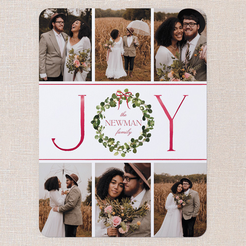 Wreathed Happiness Holiday Card, White, 6x8 Flat, Holiday, Pearl Shimmer Cardstock, Rounded, White